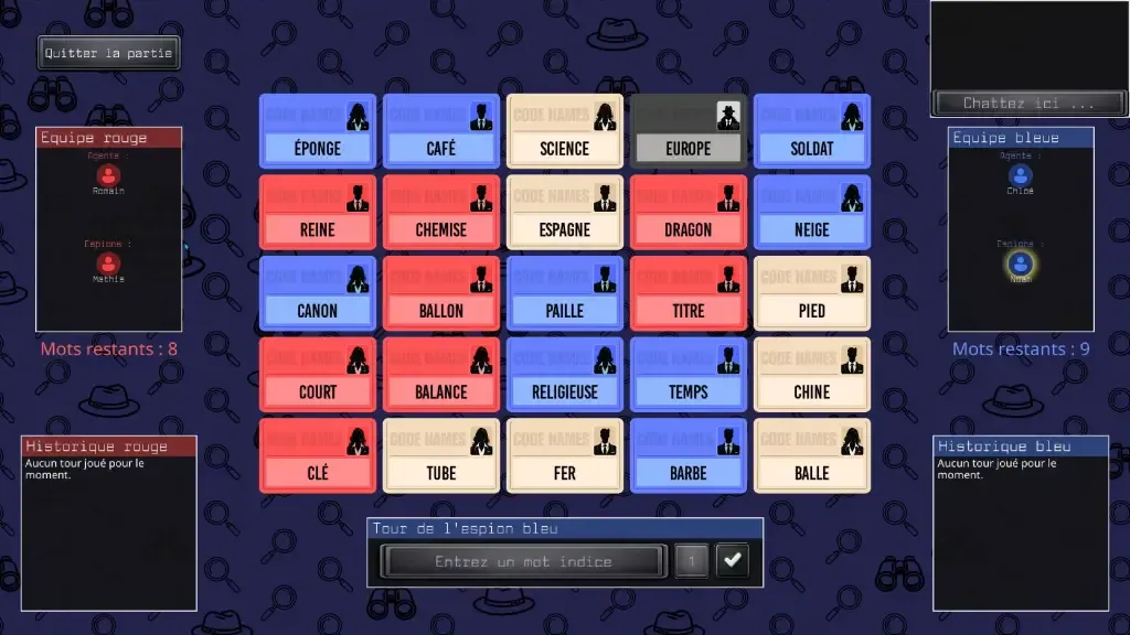 Codenames multijoueur écrit en C, plateau de jeu vu par un joueur