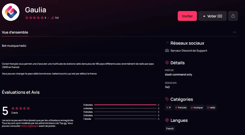 Gaulia Musique, un bot Discord jouant de la musique dans un salon vocal